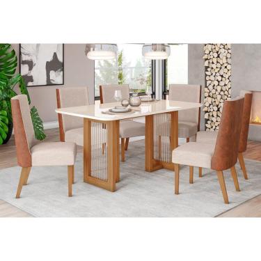 Imagem de Kit 6 Cadeiras Sala Jantar Yara SC79 Tampo Madeirado c/ Vidro Canto Curvo 160x90cm e 6 Cadeiras Anne Nature/Courano/Linho - Henn