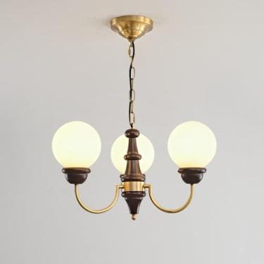 Imagem de Lustre de 3 luzes de meados do século, vidro leitoso branco, lustre de latão, luminária pendente Sputnik Farmhouse, lustre vintage de madeira para quarto, sala de estar, sala de jantar, ilha