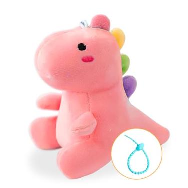 Imagem de Dinossauro de Pelúcia Infantil, 12 cm, Cores Vibrantes, com Cordão para Berço e Chaveiro (Rosa)