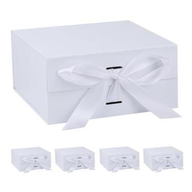Imagem de OEMVALATY Caixa de presente branca, caixas de presente de 35 x 30 x 12 cm com tampas para presentes com fecho magnético e fita para casamento, armazenamento, aniversário (pacote com 5)
