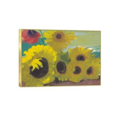 Imagem de BMZFYBS Arte de parede em tela de flores reprodução de pintura famosa - imagens de moldura dourada para sala de estar - girassóis e flores vermelhas - pôster e impressões 70 x 100 cm 27 x 39 pol