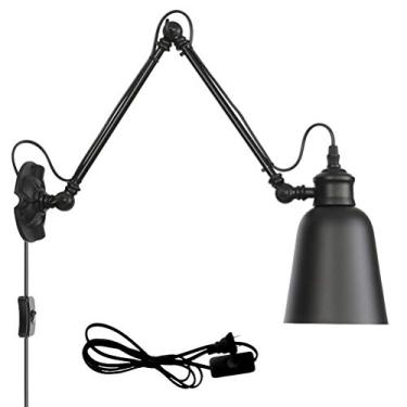 Imagem de Lâmpadas de leitura de parede pretas retrô para sala de estar interna, braço longo ajustável de metal, 30 + 30 cm, cabo de 1,8 m com Reino Unido para cabeceira de quarto A-01