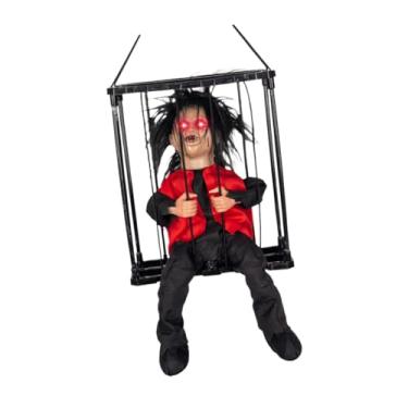 Imagem de Nishiyuenyi Esqueleto falante assustador, gaiola de prisioneiro, brinquedo pendurado de Halloween, brinquedo de esqueleto para festas temáticas, Vermelho Preto