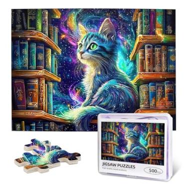 Imagem de Vintage Library Book Jigsaw Puzzles for Adults 500 Pieces Starry Sky Cat Books Puzzle Retro Bookshelf Wooden Puzzle Literary Theme Books Puzzles for Book Lovers Fun Family Games Home Decor