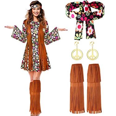 Imagem de SATINIOR Conjunto de fantasia hippie dos anos 70, 60, acessórios para festa de carnaval, Halloween, vestido de discoteca feminino, Floral preto, Adult Size (medium)