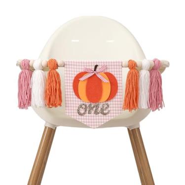 Imagem de Pumpkin 1st Birthday Highchair Banner - Fall First Birthday Decorations, Pink & Orange Yarn Tassel One High Chair Banner, Our Little Pumpki n is Turning One (Pumpkin Bow Banner)