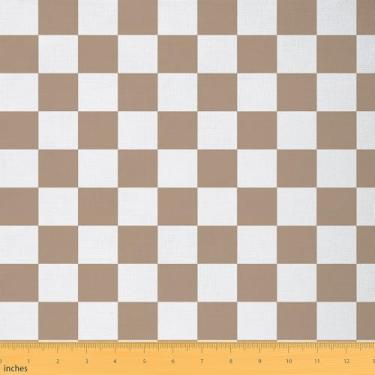 Imagem de Tecido quadriculado marrom xadrez tecido estofado para cadeiras sofá sofá para crianças mulheres homens vintage quadriculado geométrico para projetos de casa DIY, decoração impermeável poliéster cinza