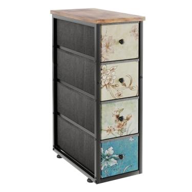 Imagem de Cômoda estreita, mesa de cabeceira estreita, torre de armazenamento com 4 gavetas, cômoda de tecido fino para pequenos espaços, cômoda de flores retrô, para quarto, banheiro, lavanderia, armário