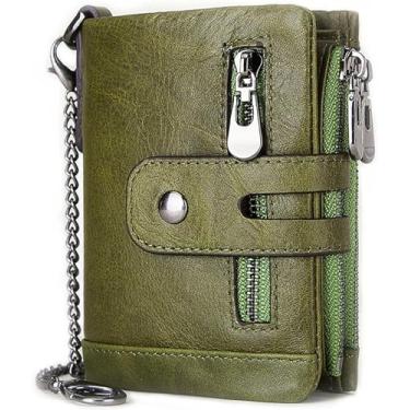 Imagem de Carteira masculina de couro com corrente, bolsa de couro legítimo, bloqueio de RFID, bolso duplo com zíper para moedas, corrente antirroubo, multifuncional, porta-cartões, bolsa minimalista com zíper