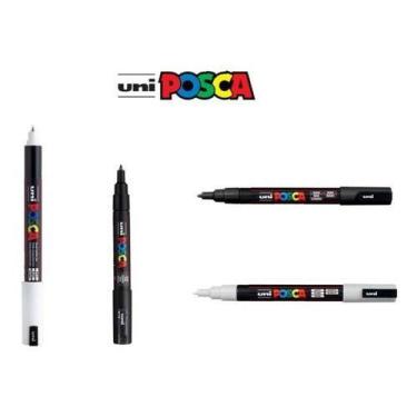 Imagem de Kit 4 Posca PC-1MR Branca, 1M Preta e 3M Preta e Branca - UNI