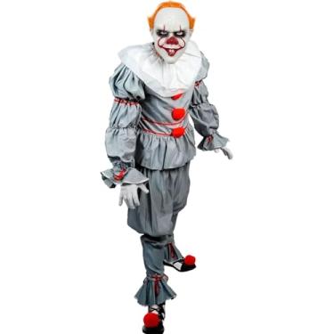 Imagem de Fantasia Halloween Adulta Masculina de Luxo Roupa de Luxo e Máscara de Palhaço Assassino (Cinza, M 40-42)