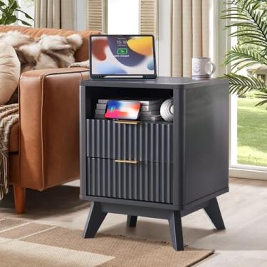 Imagem de Mesa de cabeceira canelada – mesa de cabeceira moderna de 45,7 cm / 2 gavetas, tampo de mármore sintético, design curvado para armazenamento de quarto e sala de estar (preto)