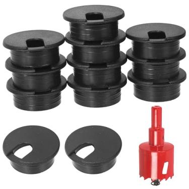 Imagem de Swpeet 11 pçs cabo de mesa preto com ilhoses com serra de furo, organizadores de capa de furo de cabo arrumado, capa de furo de ilhós, 1 peça de serra de ferramentas de 35 mm com mandril para mesa de