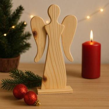 Imagem de Anjo Grande Natalino Madeira Pinus Artesanato Decoração Natal Batizado