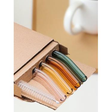 Imagem de Conjunto de 4 canudos de vidro com escova de limpeza | Reutilizável, resistente ao calor e pode ser lavado na lava-louças | para vitaminas, coquetéis, sucos