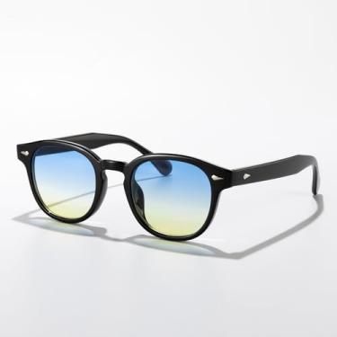 Imagem de Óculos de sol redondos vintage olho de gato para homens e mulheres, retrô, moderno, unissex, para dirigir, viajar, roupas diárias, Armação preta/lente gradiente azul amarela, Lens Width: 50