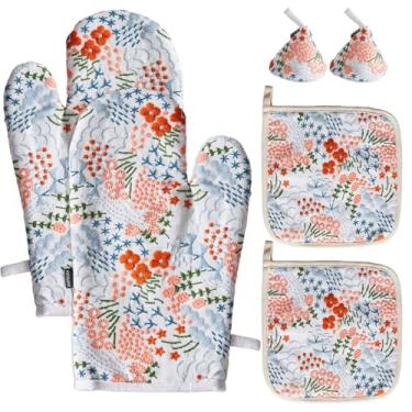 Imagem de Hausfrau Conjuntos de luvas de forno jacquard bordadas e suportes de panela com capa de cabo de ferro fundido, 6 peças, luvas de cozinha florais vintage resistentes ao calor, luvas de forno para assar