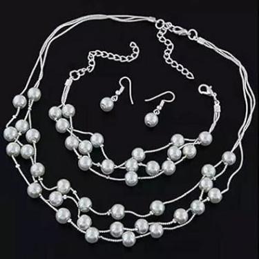 Imagem de Gargantilha de pérolas falsas ouro prata camadas colar brinco conjunto de pulseira para mulheres mãe noiva noiva casamento, Small, Liga de aço, Sem Pedra Preciosa