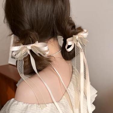 Imagem de 1 par de grampos de cabelo com laço de fita longa para mulheres, acessórios de cabelo para meninas, bege