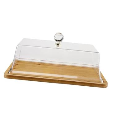 Imagem de Ｂｅｓｇａ Suporte de bolo de bambu com tampa transparente para bolo, à prova de poeira, armazenamento de pão para restaurantes, festas festivas, cupcakes, M