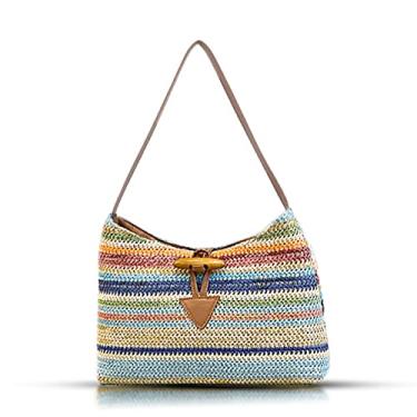 Imagem de QTKJ Bolsa de palha para mulheres, bolsa de ombro, bolsa de axila, alça de ombro colorida de couro de patchwork tecida à mão, bolsa de praia adequada para praia, viagens, combinação diária (azul),