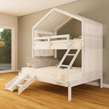 Imagem de Beliche Casal/ Solteiro Casinha com Cortina e Kit Escada/Escorregador Madeira Maciça Branco Megamobilia