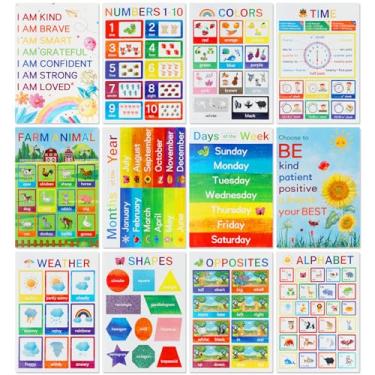 Imagem de Cartazes educativos para pré-escola primária, jardim de infância, aprendizagem em sala de aula, pôsteres de aprendizagem pré-escolar para alfabeto ABC, hora, número, meses, cores, clima, animais, mais