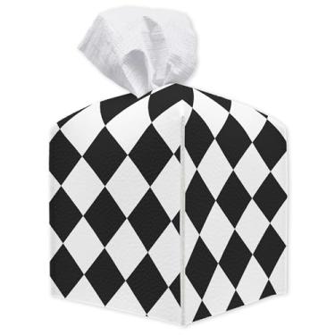 Imagem de Suporte de capa de caixa de lenços - tabuleiro de xadrez preto e branco quadrado de couro organizador de capa de papel - decoração de caixa de lenços de mesa para casa de banho, bancada, carro