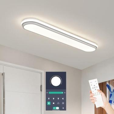 Imagem de Naroume Luz de teto LED inteligente, lâmpada de teto linear de metal moderno regulável de 92 cm, luminária embutida em forma envolvente com controle remoto para cozinha, sala de jantar e lavanderia