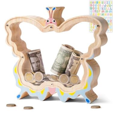 Imagem de Uniwooder Cofrinho de madeira para crianças, charmosa caixa de dinheiro borboleta com painéis de acrílico, cofrinho infantil indestrutível para meninos e meninas, cofrinho seguro para crianças DIY com
