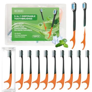 Imagem de RR ORCRO Escova de dentes descartável 5 em 1 com pasta de dente pré-colada – Mini escova de dentes para viagem, limpeza profunda com palito, fio dental, raspador de língua para higiene oral superior