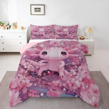 Imagem de Jogo de cama casal com estampa de galhos de flores botânicas, animais marinhos náuticos, salamandra, estampa de ramos de flores botânicas, decoração de quarto kawaii rosa