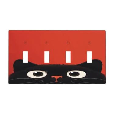 Imagem de Nadoabtm Capas para interruptores de luz, estilo desenho animado, gato preto, fundo vermelho, quadriciclo, placa de parede elétrica, placa de parede decorativa para quarto de crianças, decoração de
