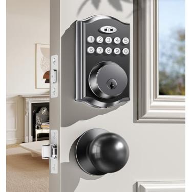 Imagem de Fechadura de porta de entrada sem chave com 2 maçanetas, fechadura eletrônica retroiluminada com conjunto de alças, trava automática, códigos únicos, fechadura inteligente para porta da frente, fácil