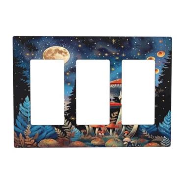 Imagem de SgEdao Capas de tomada decorativas, cogumelo vermelho, lua, floresta noturna, 3 gangs, placa de parede triplo com interruptor de luz basculante, placa frontal jumbo elétrica GFCI para decoração de