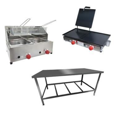 Imagem de Kit Lanchonete Mesa de Manipulação 120x55cm + Fritadeira a Gás 2 Cuba + Chapa a Gás 60cm Alcamar