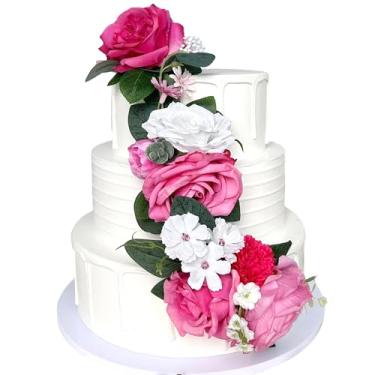 Imagem de Flores de seda rosa choque pré-fabricadas para decorações de bolos fúcsia rosa claro artificial peônia casamento topo de bolo decoração floral falso aniversário festa arranjos mesa