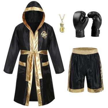 Imagem de yolsun Men Boxing Costume, Adult Boxer Costume with Satin Boxer Hooded Robe and Shorts Boxing Gloves Set Halloween (Gold Dragon, X-Large)