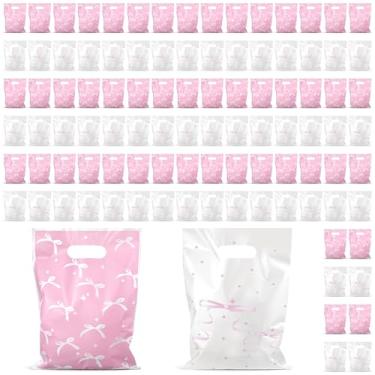 Imagem de Tucnoeu 100 peças de sacos de guloseimas com laço rosa e branco, sacos de plástico para doces, bolsa de lembrancinha de festa para festa de aniversário, casamento, chá de bebê, festas de aniversário