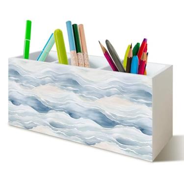 Imagem de YTRGI Ocean Waves Organizador de lápis de praia para mesa, aquarela, litoral, praia, caixa de madeira, placa de bloco para decoração de mesa e escritório em casa