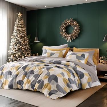 Imagem de Jogo de cama king size estampado em três tons, cama em um saco, conjunto de cama de 9 peças, edredom e lençol de microfibra ultramacia, quente e aconchegante para todas as estações, amarelo mostarda e