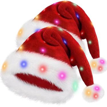 Imagem de Christmas Hat Light Up Velvet Red Santa Hat.2 pcs Fashion luminescence Santa Hat.Santa Hat Adult for Women Mens Holiday Party