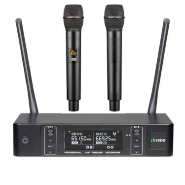 Imagem de VEDO Sistema de microfone sem fio, microfones sem fio duplos com 2 microfones de mão, busca automática de frequências, 2x100 frequências UHF, alcance de 60 m, microfone dinâmico para canto
