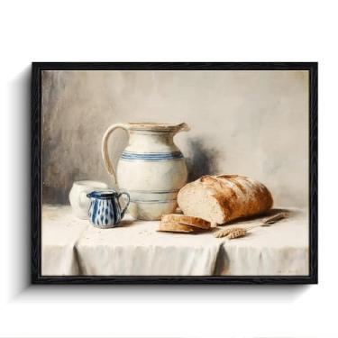 Imagem de Arte de parede de pão rústico, jarros de cerâmica natureza morta, decoração de parede de fazenda, impressão em tela emoldurada laminada, pôster de cozinha, para presente de inauguração de casa de sala