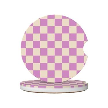 Imagem de Porta-copos de carro xadrez roxo para porta-copos, pacote com 2 porta-copos de carro para carro, porta-copos de carro absorvente de cerâmica com entalhe de dedo e base de cortiça, acessórios de