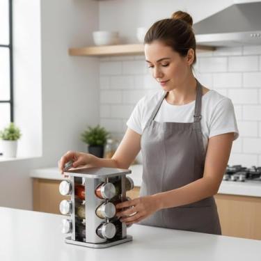 Imagem de Porta Temperos e Condimentos Giratório de Inox com 12 Potes | Base 360º | Potes de Vidro | Organização para Cozinha