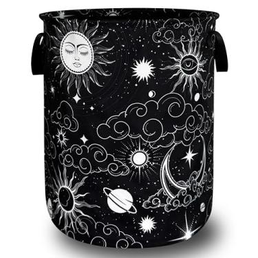 Imagem de Cesto de lavanderia lindas nuvens, sol, estrelas, pano Oxford, lua, cesto de roupa com alça, cesta portátil de armazenamento de roupas, saco de roupa dobrável, divertido, 48 cm x 42 cm para lavanderia