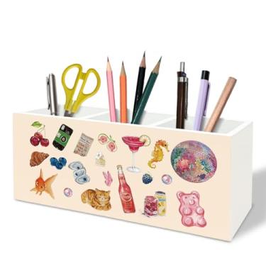 Imagem de TFKFJLF Lindo suporte de caneta Y2K para mesa, organizador de madeira retrô moderno, presente retrô para mulheres, porta-canetas de escova de dentes estética para quarto feminino, dormitório