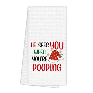 Imagem de EGBTL Toalhas de mão engraçadas de Natal, toalhas de mão de Natal para decoração de banheiro, ele vê você quando você está cocô toalha decorativa de inverno retrô para banheiro, banheiro, vaso