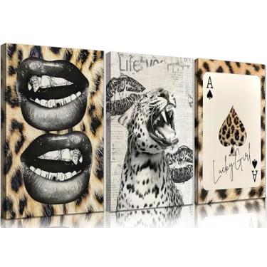 Imagem de 3 peças de arte de parede em tela rugindo de guepardo leopardo Lucky Girl Poker Lips Painting Picture Wall Decor Funky Preppy Poster Print Art para quarto, quarto feminino, sala de estar, apartamento